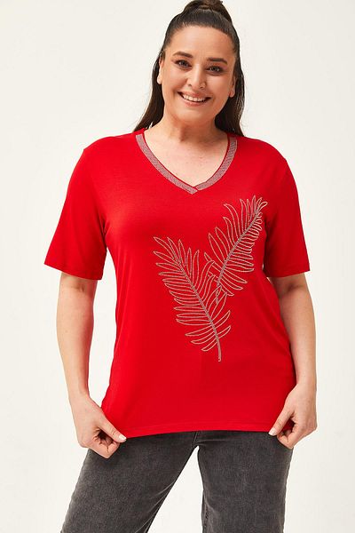 Ebsumu Women's Large Size Leaf Patterned Stone Printed Red Blouse
