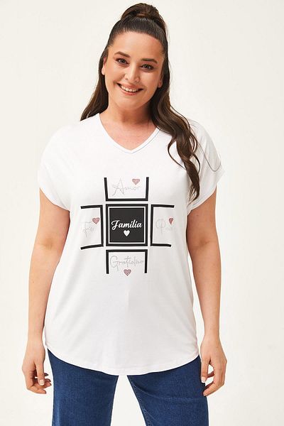 Ebsumu Women's Plus Size Familia Printed White Blouse