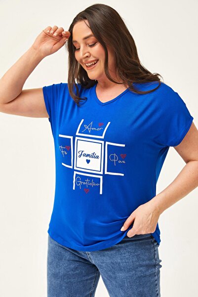 Ebsumu Kadın Büyük Beden Familia Baskılı Mavi Bluz
