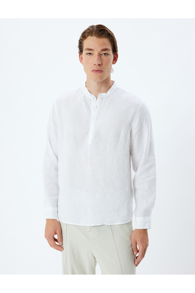 Koton Yakasız Keten Gömlek Uzun Kollu Düğme Detaylı Regular Fit