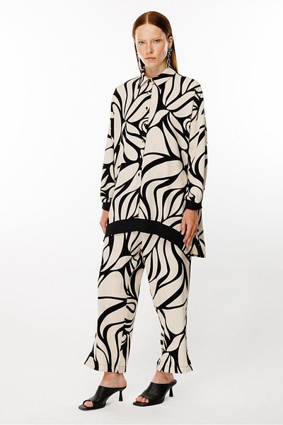 Ghisa Beige Black Rib Detailed Tunic and Trousers Set