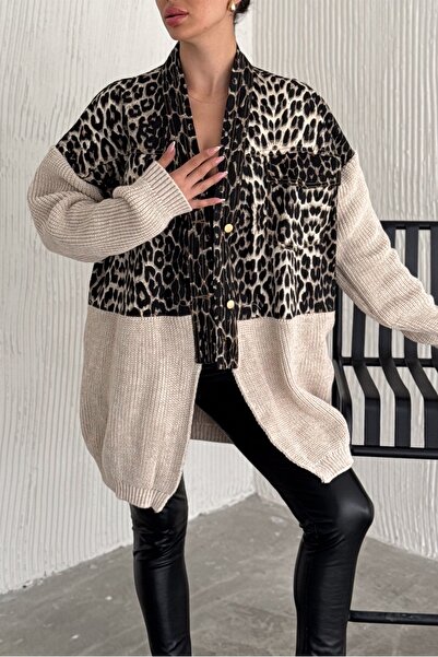 FEMELLE Γυναικείο πλεκτό με μοτίβο λεοπάρ Λεπτομερές σχέδιο τζιν μπουφάν