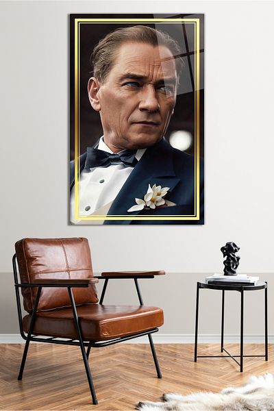 Vosevu Gold Striped Artificial Intelligence M. Kemal Atatürk Glass Painting, Home and Office Decoration, Gift Wall Decoration