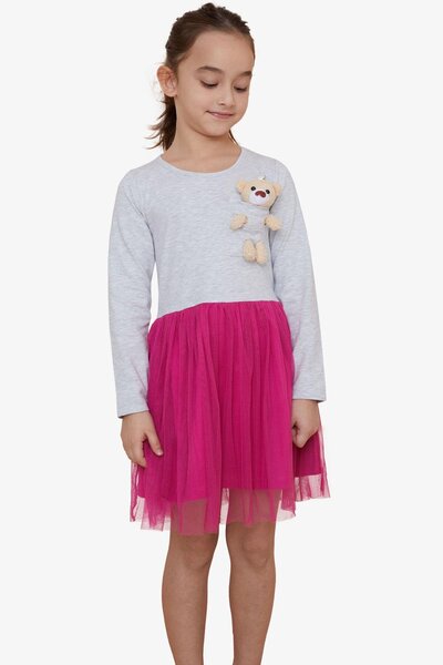 Breeze فستان بناتي بأكمام طويلة مع إكسسوار الدبدوب لعمر 3-8 سنوات، لون رمادي ...