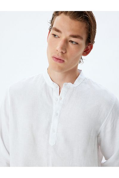 Koton Collarless Linen Shirt Long Sleeve Button Detail Regular Fit