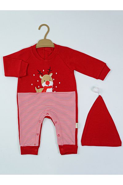 Baby Minty Striped Deer Embroidered Hat Jumpsuit