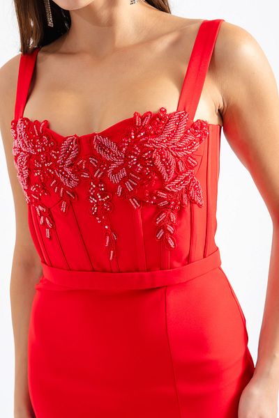 Lafaba Women's Red Stoned Underwire Corset Slit Long Evening Dress