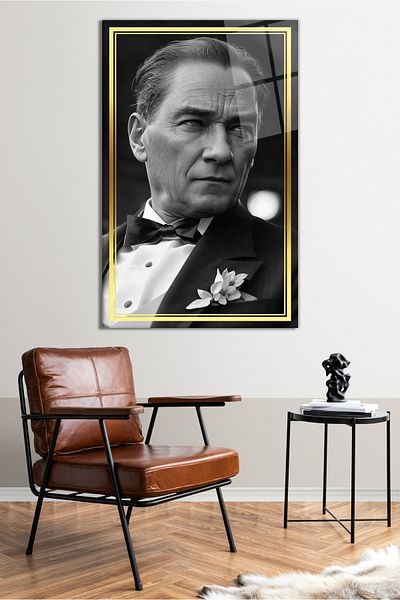 Vosevu Gray Artificial Intelligence Ataturk Glass Painting with Gold Stripe, Home and Office Decoration, Gift Wall Decoration