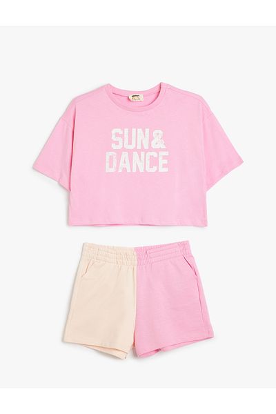 Koton Set pantaloni scurți și tricou imprimat din bumbac - 2 bucăți blocuri de culoare