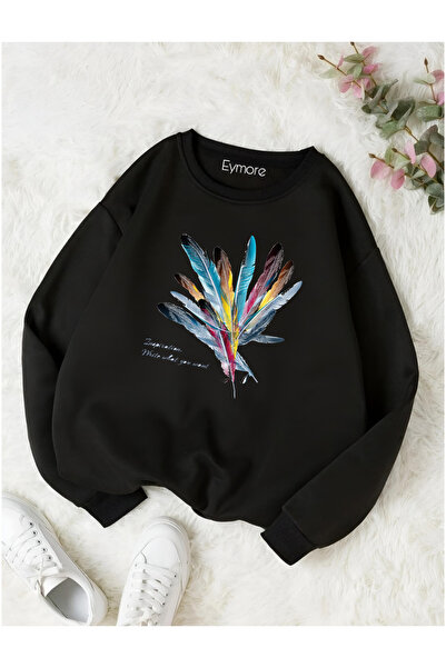 eymore سويت شيرت مطبوع عليه ريش ملون برقبة دائرية