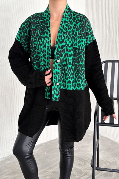 FEMELLE Tricotaj de damă verde cu model leopard Jachetă din denim cu design detaliat