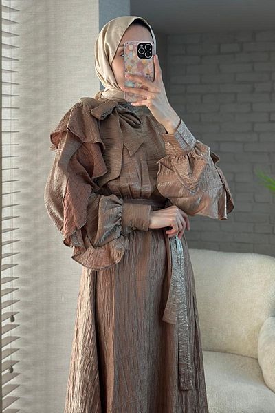 Salih Çelebi Φόρεμα 2025 Balloon Sleeve Rope Belted - TABA