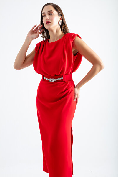 Lafaba Női Red Stone öves hasított midi estélyi ruha