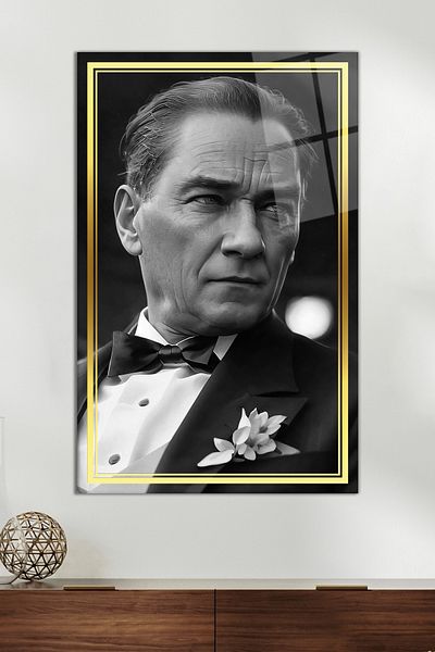 Vosevu Gray Artificial Intelligence Ataturk Glass Painting with Gold Stripe, Home and Office Decoration, Gift Wall Decoration