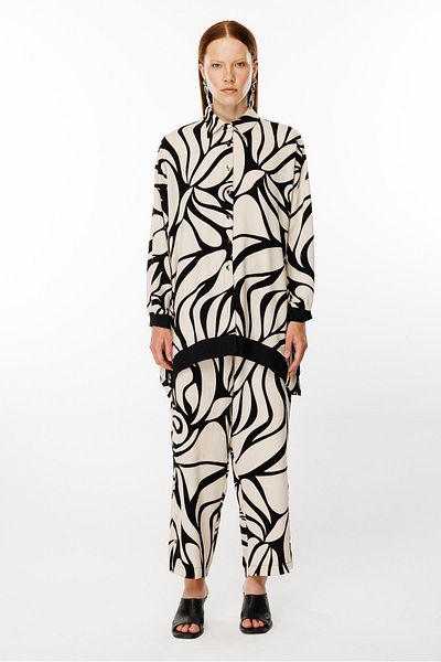 Ghisa Beige Black Rib Detailed Tunic and Trousers Set