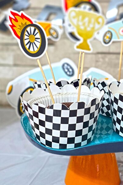 PEKSHOP Yarış Konsepti Siyah Beyaz Dama Desen Cupcake Sargısı 10'lu