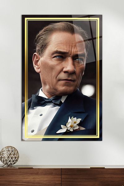 Vosevu Gold Striped Artificial Intelligence M. Kemal Atatürk Glass Painting, Home and Office Decoration, Gift Wall Decoration