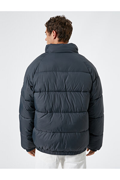 Koton Puffer Jacket Stand Collar Zipper Label Printed Pocket Detailed