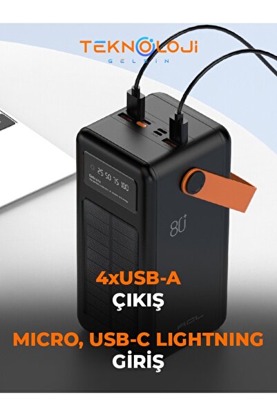 Teknoloji Gelsin Güneş Enerjili Solar Powerbank 80.000 mAh Dijital Göstergeli El Fenerli 4 Çıkış Taşınabilir Batarya