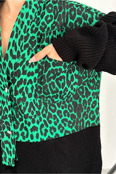 FEMELLE Women's Green Leopard Pattern Knitwear Detailed Design Denim Jacket