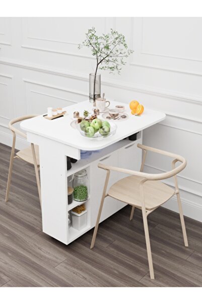 moka park avm Açılır Kapanır Raflı Kapaklı Tekerlekli 6 Kişilik Dikdörtgen Şık Yemek Masası Mutfak Masası