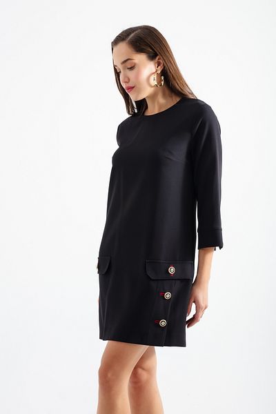 Lafaba Women's Black Three-Quarter Sleeve Button Dress