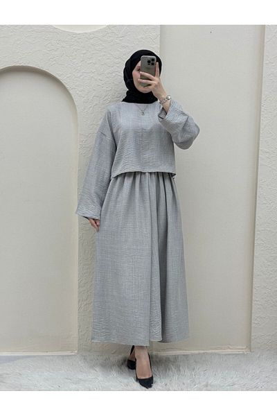 Modamorfo Hellgraues Leinen-Set – Bluse mit Rundhalsausschnitt und Rock