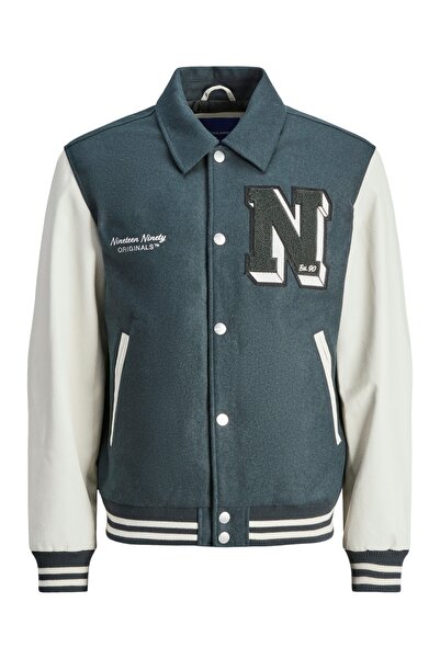 Jack & Jones Jorcarter Varsity Wool Blend Μάλλινο Παλτό Μπόμπερ με Καπιτονέ Κολλεγιακό Στυλ με Δερμάτινες Λεπτομέρειες στις Μανίκια