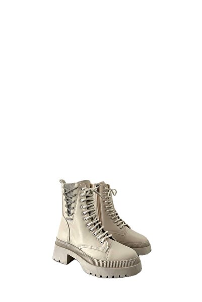 Saracshoes Kadın Taş Detaylı Bağcıklı Ekru Bot Chine