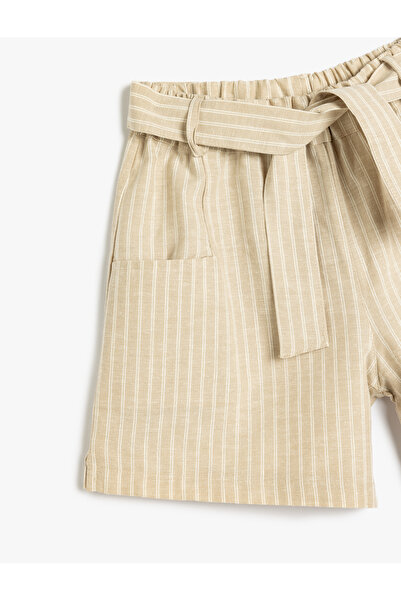 Koton Linen Shorts - Elastic Waist, Belt Detail, Pocket