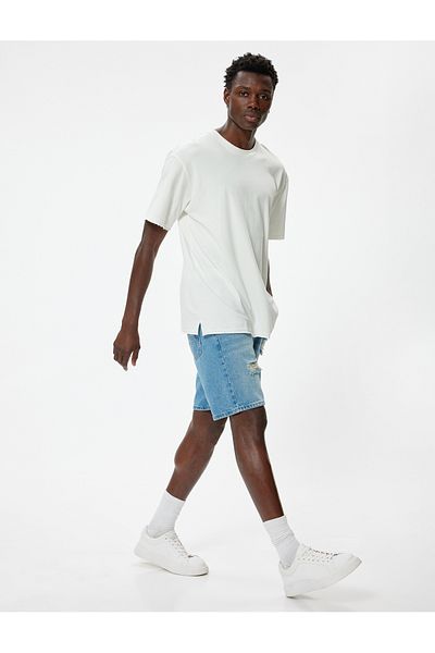 Koton Cotton Oversize szakadt Bermuda Jeans Shorts - Zseb részletes