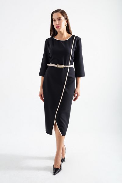 Lafaba Women's Black Double-Breasted Belt Midi Dress