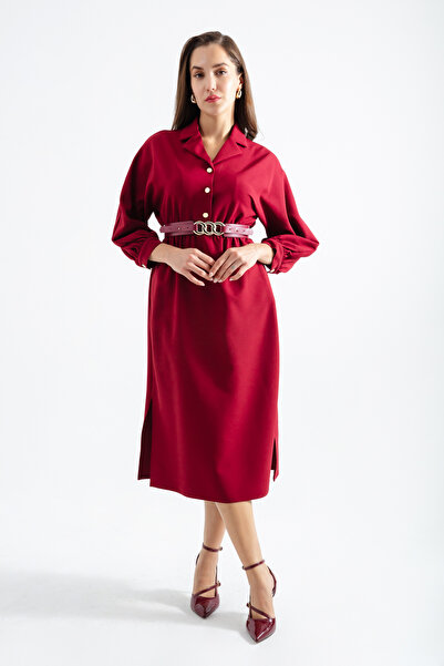 Lafaba Dámské midi šaty s košilovým límcem a knoflíkem ve vínové barvě