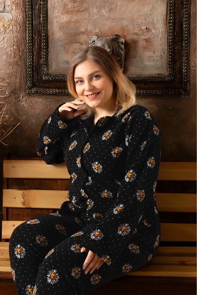 CALİA Women's Oversize Large Size Buttoned Front Long Sleeve Fleece Pajama Set
