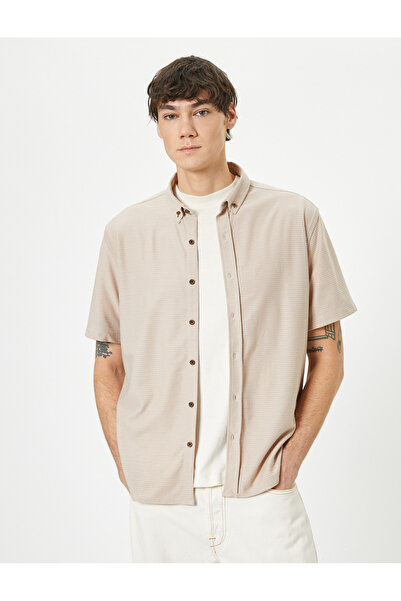 Koton Μπεζ ανδρικό πουκάμισο - 4sam60003hk 054, κοντό μανίκι, υφαντό