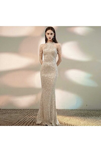 MODAS HALTER YAKA BONCUKLU PUL PAYET ABİYE ELBİSE