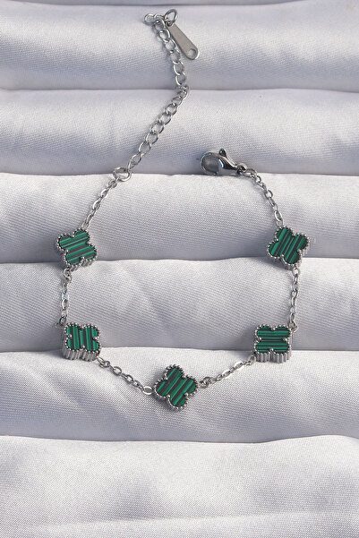 Nehir 316L Steel Baby Boy Silver Color Striped Green Enamel Clover Bracelet V...