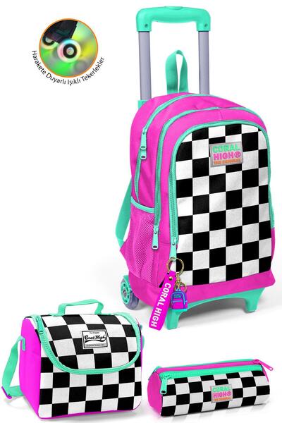 Coral High Kids Neon Pink Checkerboard Patterned 3-Piece Bag Set with Squeegee Set0123901