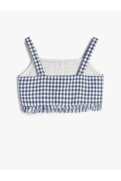 Koton Crop Blouse with Straps Tweed Flower Button Detail
