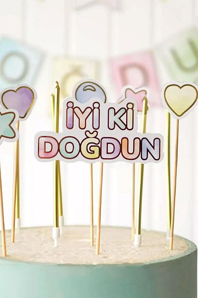 Le Mabelle Happy Birthday Cake Decoration with Multicolored Heart Detail