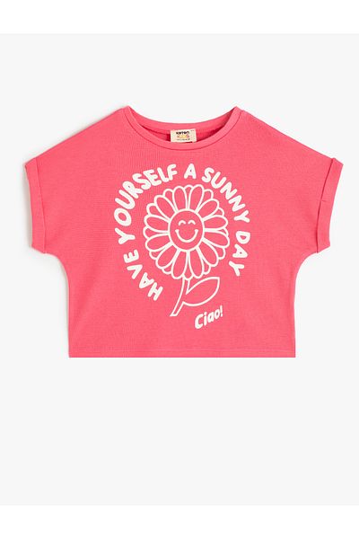 Koton Cotton Floral Printed Short Sleeve Crop T-Shirt - Crew Neck