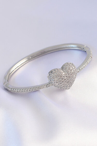 Nehir Vip Series Brass Zircon Stone Silver Color Heart Model Handcuffs Valent...