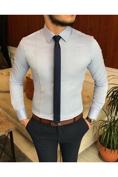 TerziAdemAltun Italian Style Slim Fit Men's Tie Collar Shirt Blue T6816