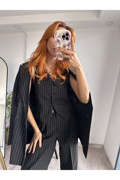 bonnline Striped Vest Pleated Detail Palazzo Oversize Suit Dress