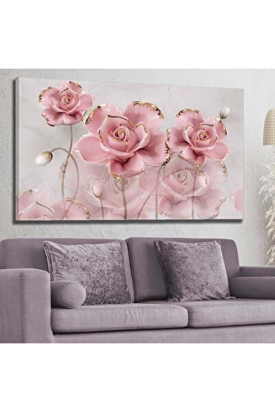 TosbArt Pembe-gold Detaylı Üç Boyutlu Gül - Kanvas Tablo 60x120cm-hykvs-515