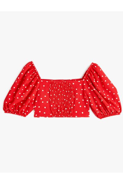 Koton Short Balloon Sleeve Crop Blouse with Polka Dot Bow Detail