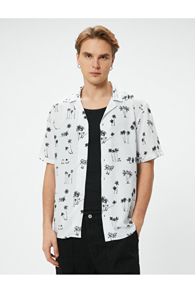 Koton Καλοκαιρινό πουκάμισο με κοντό μανίκι βισκόζης με μοτίβο παλάμης - γυριστός γιακάς