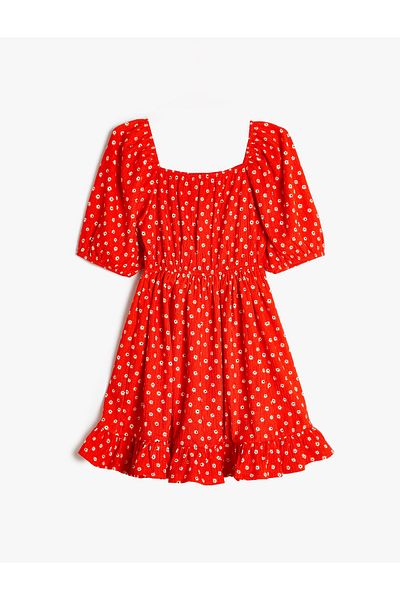 Koton Short Sleeve Square Neck Floral Mini Dress