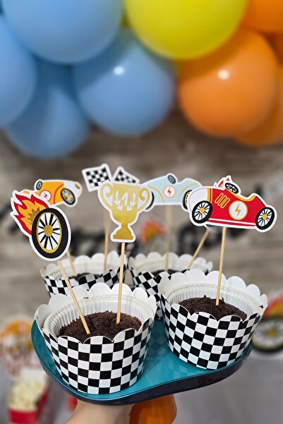 PEKSHOP Retro Yarış Arabaları Konsept Kürdan Süsleri Cupcake Süsleri Lüks Büy...