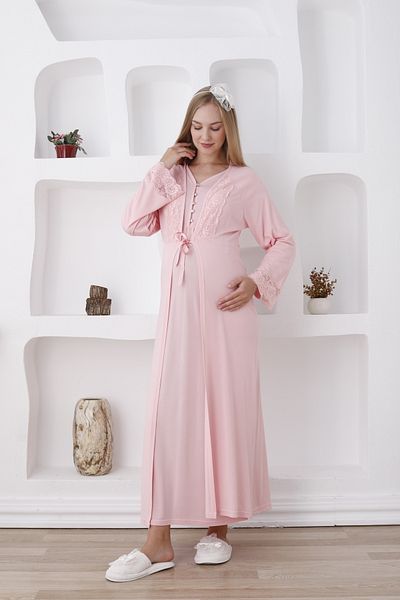 ERDENİZ TEKSTİL Buttoned V-Neck Long Sleeve Laced Maternity-Pregnant Cotton Nightgown Set of 2 (Autumn-Winter)